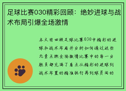 足球比赛030精彩回顾：绝妙进球与战术布局引爆全场激情