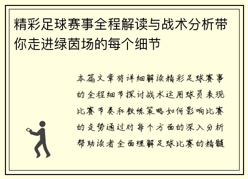 精彩足球赛事全程解读与战术分析带你走进绿茵场的每个细节